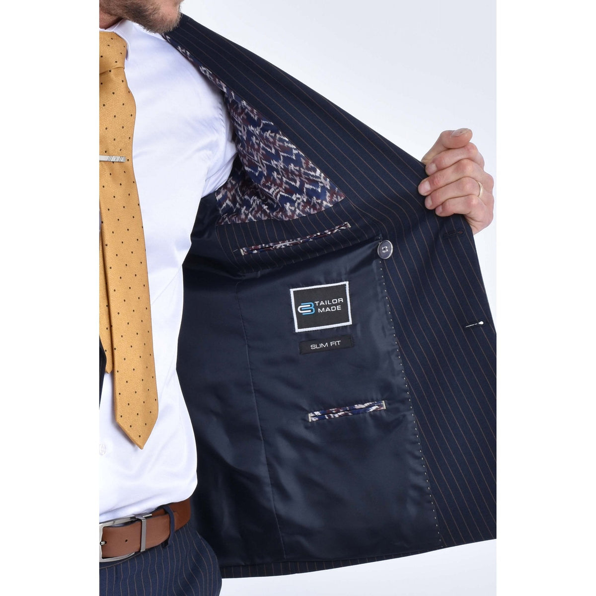 CB Greenwich Tailored Slim Fit Pinstripe Double Breasted Blazer - Navy