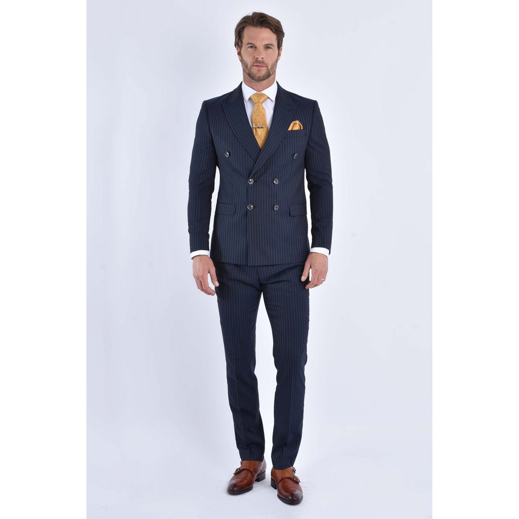 CB Greenwich Tailored Slim Fit Pinstripe Double Breasted Blazer - Navy
