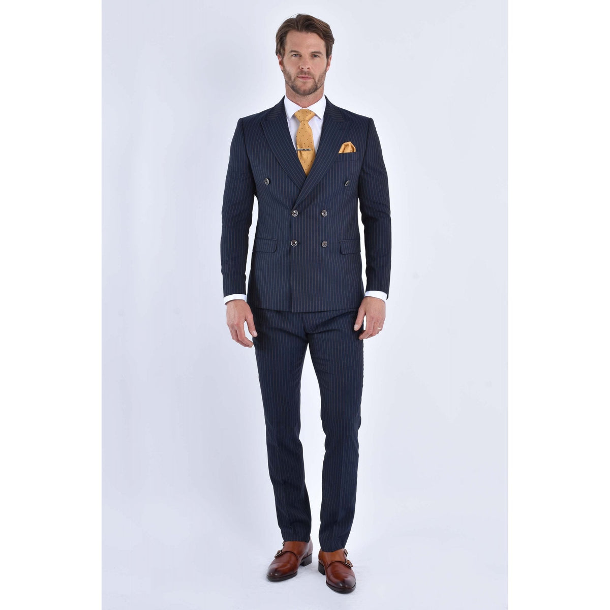 CB Greenwich Tailored Slim Fit Pinstripe Double Breasted Blazer - Navy