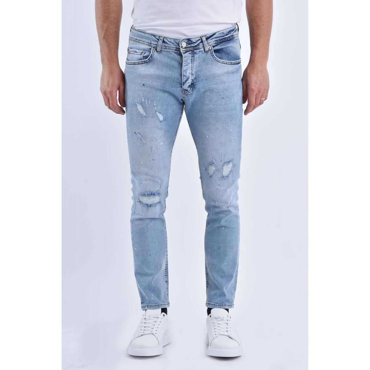 Nico Dolce | 111-1 Slim Fit Stretch Paint Splatter Distressed Denim Wash Jean - Light Blue