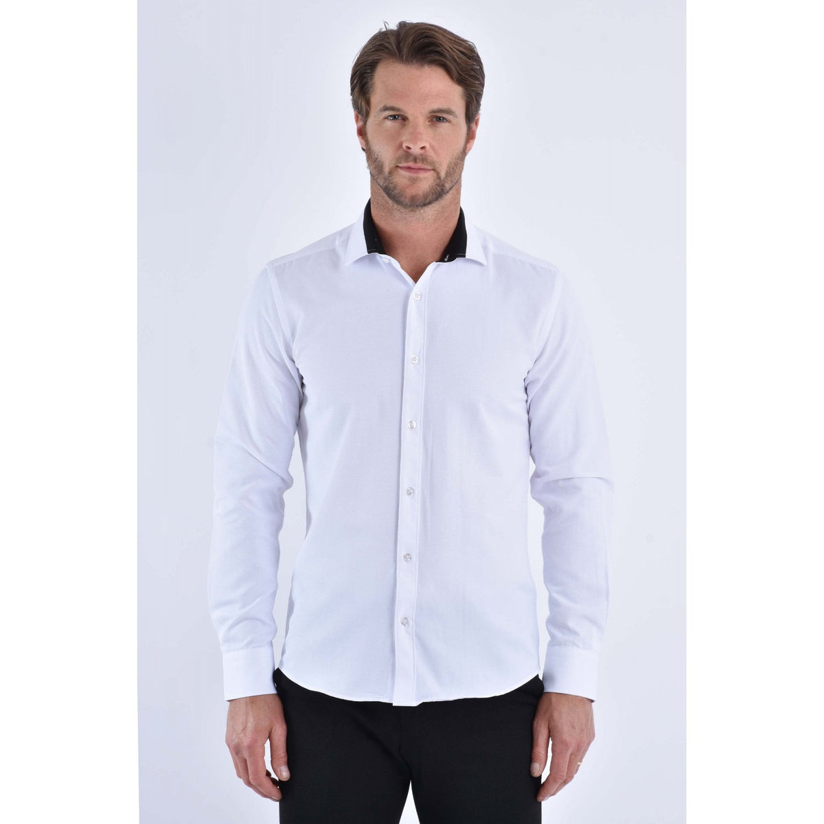 CB 093 Textured Slim Fit Black Trim Collar Single Cuff Smart Shirt - White