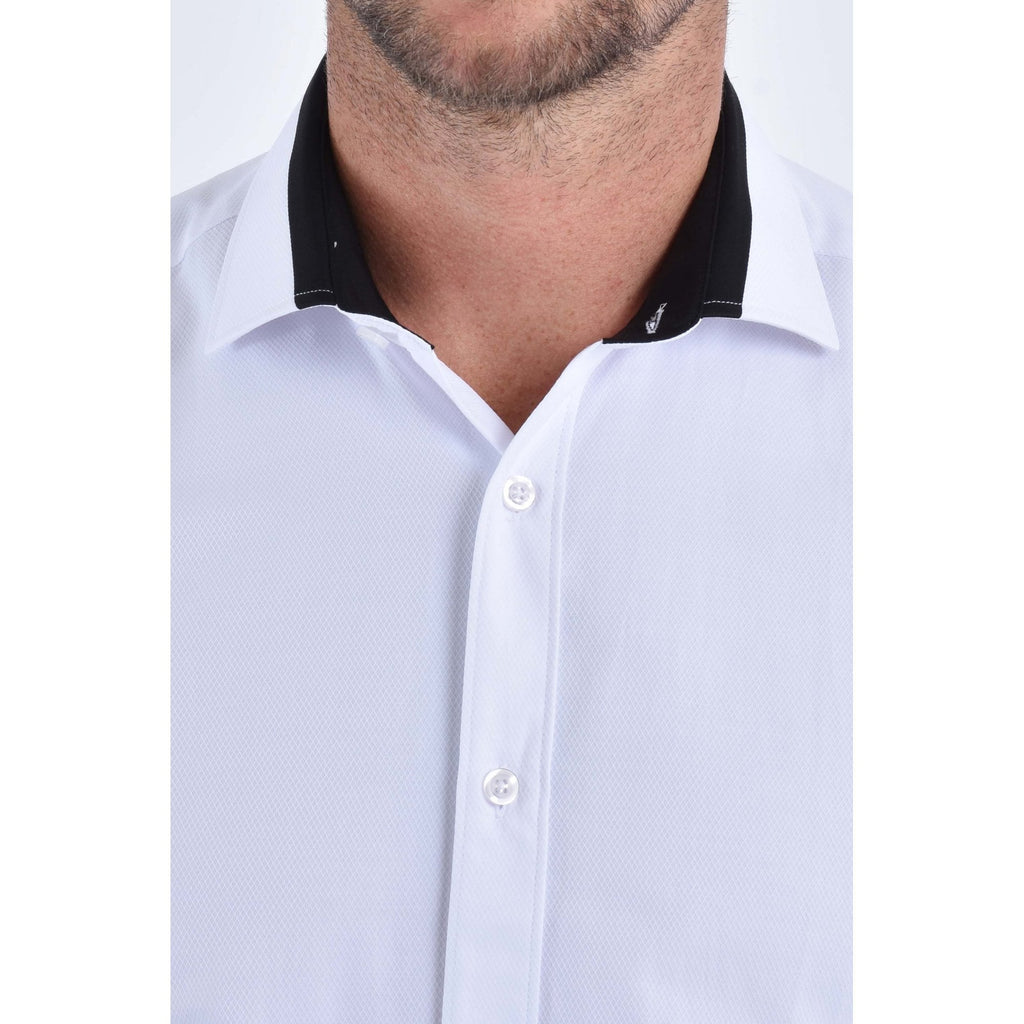 CB 093 Textured Slim Fit Black Trim Collar Single Cuff Smart Shirt - White