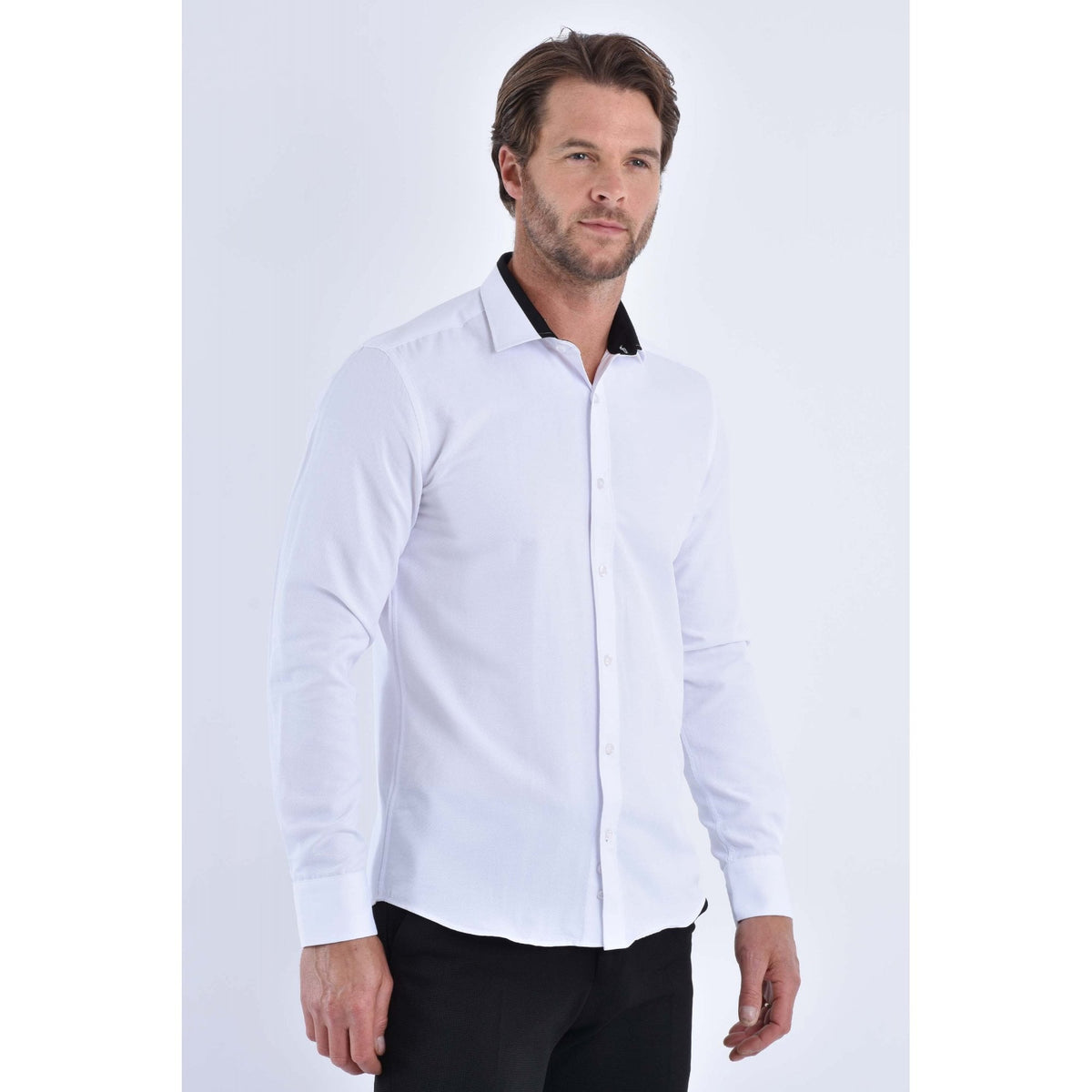 CB 093 Textured Slim Fit Black Trim Collar Single Cuff Smart Shirt - White