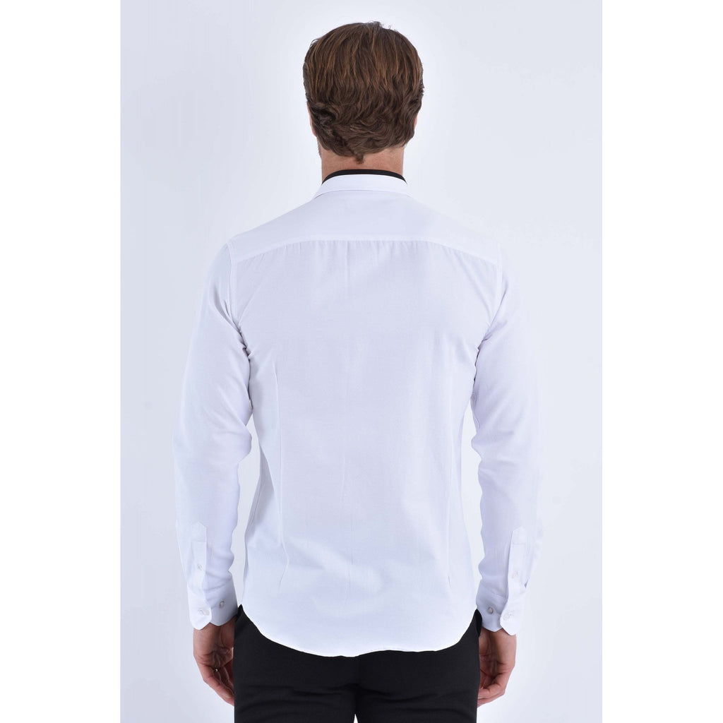 CB 093 Textured Slim Fit Black Trim Collar Single Cuff Smart Shirt - White