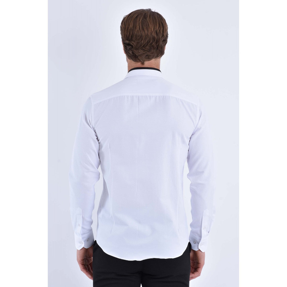 CB 093 Textured Slim Fit Black Trim Collar Single Cuff Smart Shirt - White