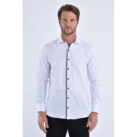 CB 090 Textured Slim Fit Black Button Piping Single Cuff Smart Shirt - White