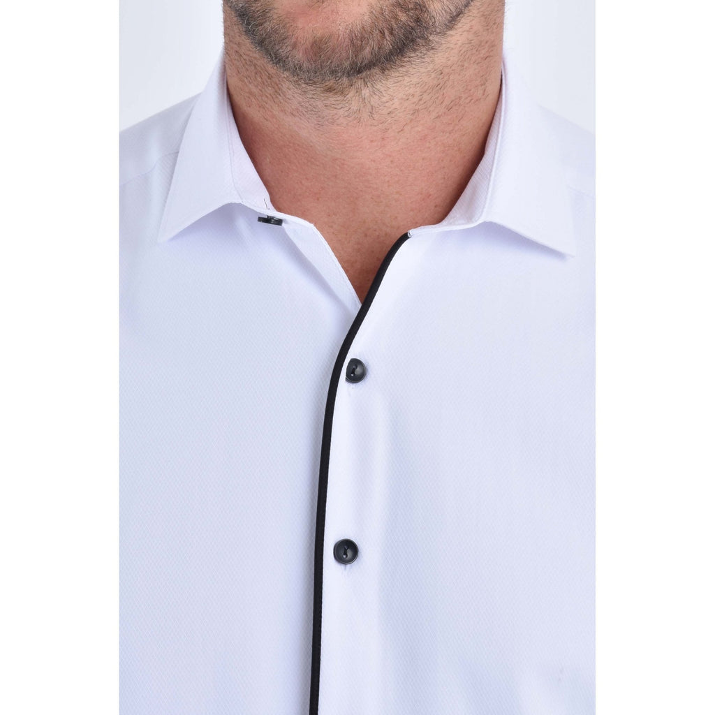 CB 090 Textured Slim Fit Black Button Piping Single Cuff Smart Shirt - White