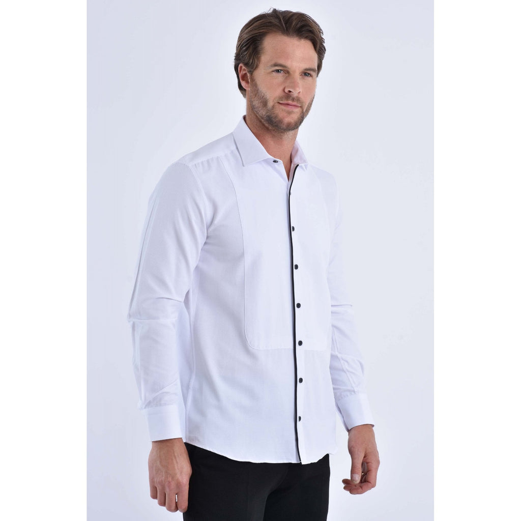 CB 090 Textured Slim Fit Black Button Piping Single Cuff Smart Shirt - White