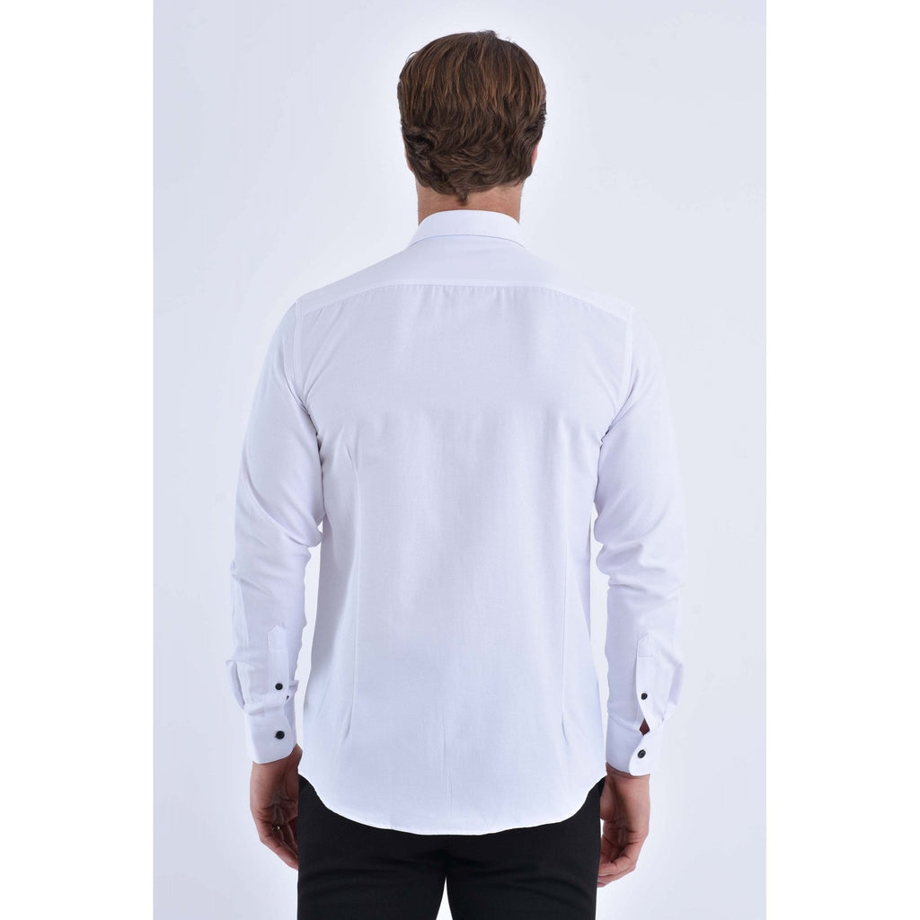 CB 090 Textured Slim Fit Black Button Piping Single Cuff Smart Shirt - White