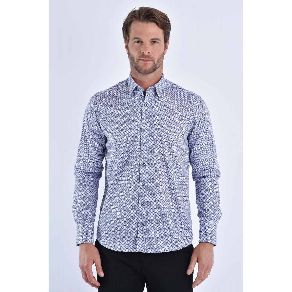CB 064 Twirl Print Design Slim Fit Cotton Single Cuff Smart Shirt - Blue/White