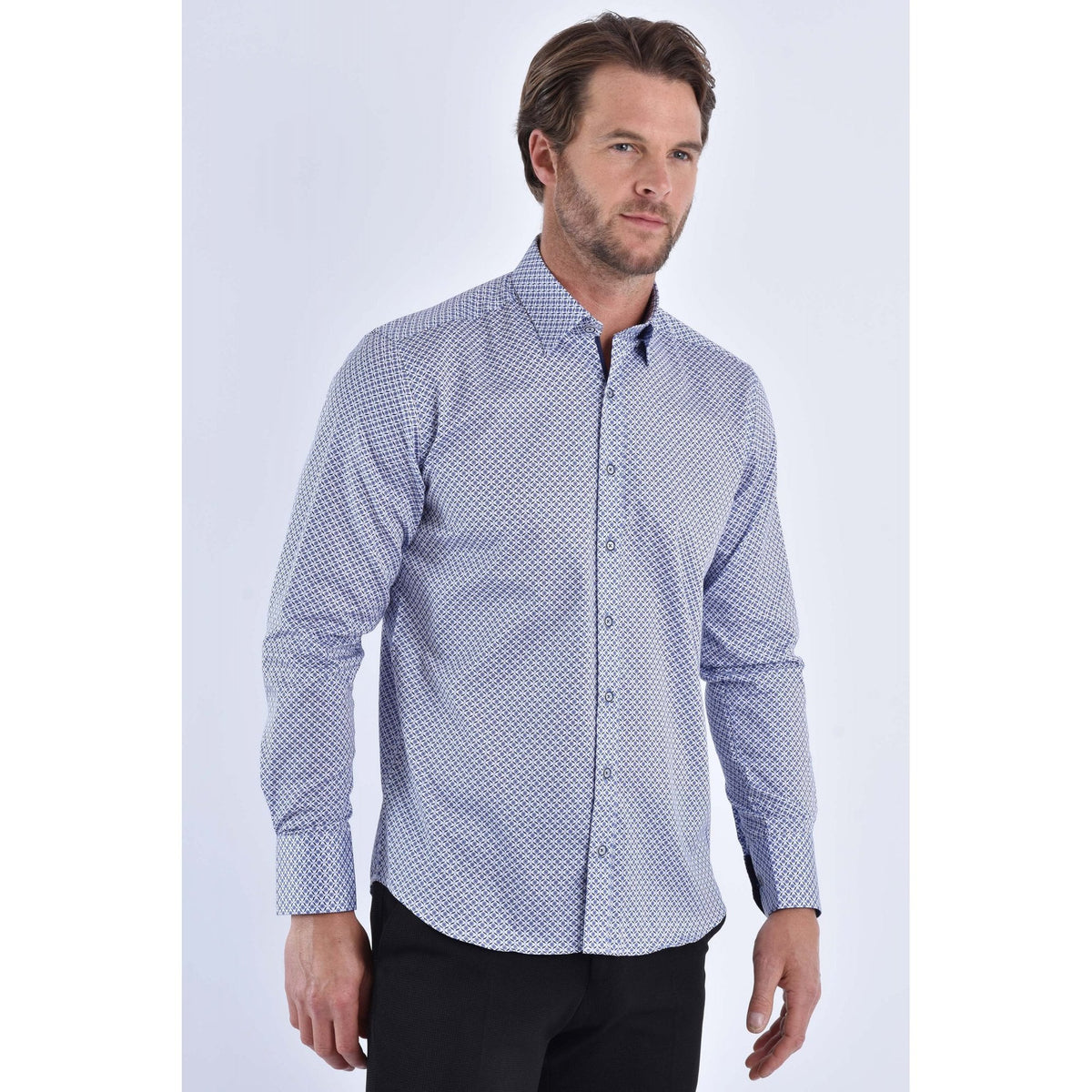 CB 064 Twirl Print Design Slim Fit Cotton Single Cuff Smart Shirt - Blue/White