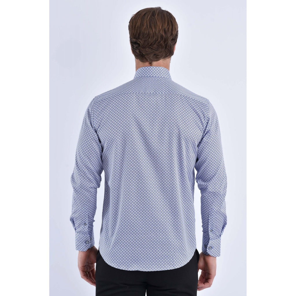CB 064 Twirl Print Design Slim Fit Cotton Single Cuff Smart Shirt - Blue/White
