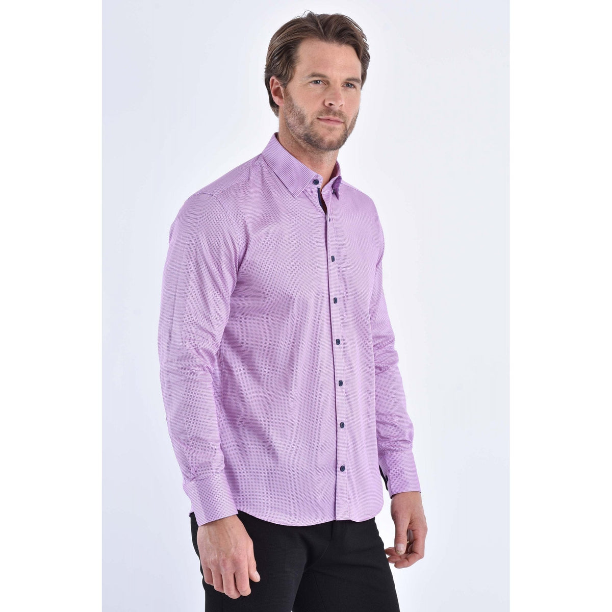 CB 063 Dot Pattern Print Slim Fit Cotton Single Cuff Smart Shirt - Pink
