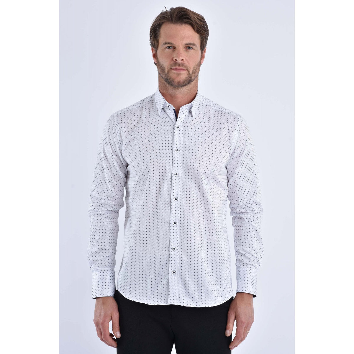 CB 065 Dotted Print Design Slim Fit Cotton Single Cuff Smart Shirt - White