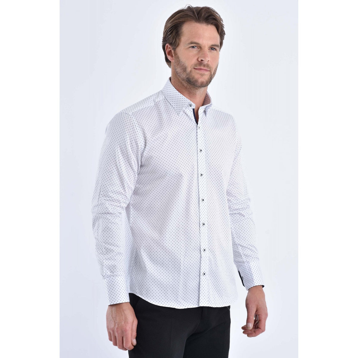 CB 065 Dotted Print Design Slim Fit Cotton Single Cuff Smart Shirt - White
