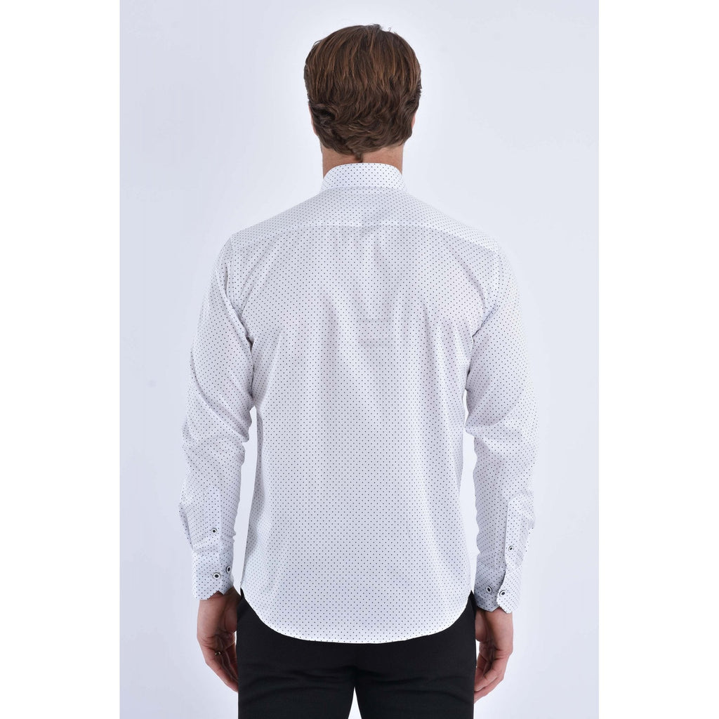 CB 065 Dotted Print Design Slim Fit Cotton Single Cuff Smart Shirt - White