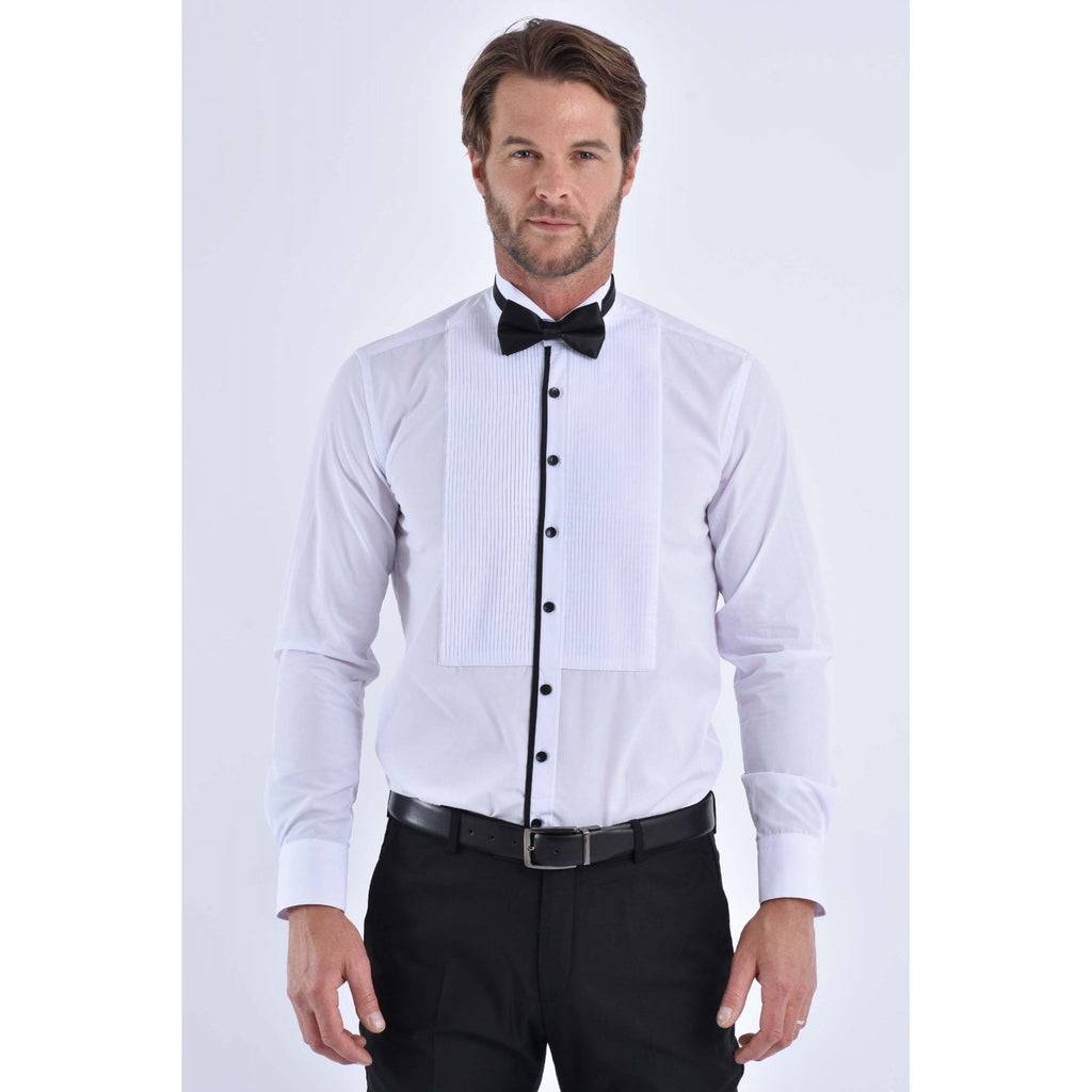 CB 058 Wing Collar Tuxedo Slim Fit Cotton With Free Bow Tie Single Cuff Smart Shirt - White