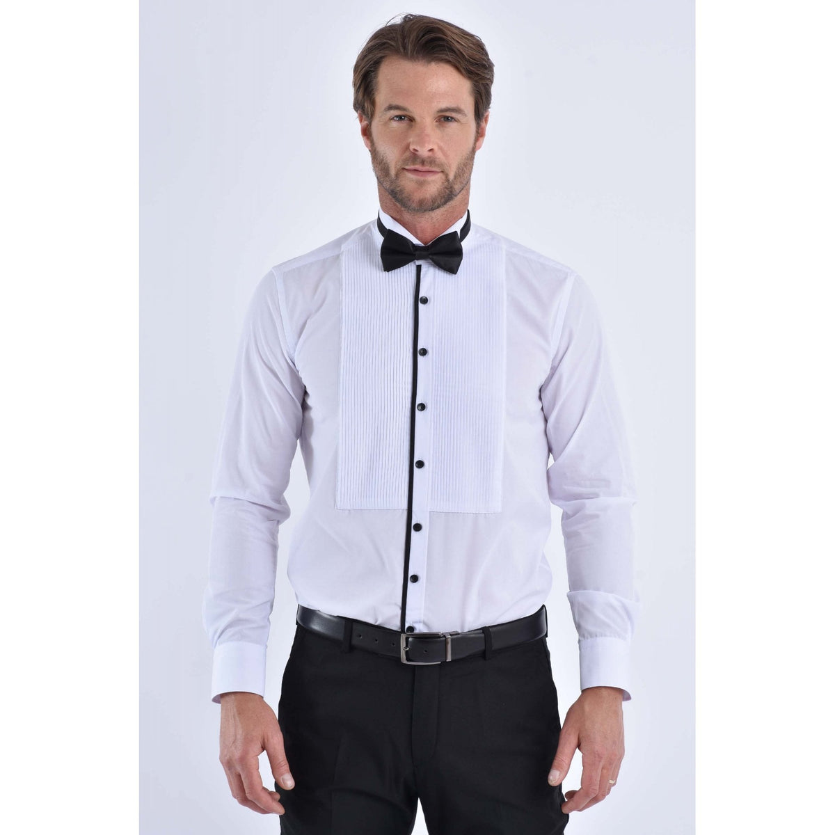 CB 058 Wing Collar Tuxedo Slim Fit Cotton With Free Bow Tie Single Cuff Smart Shirt - White