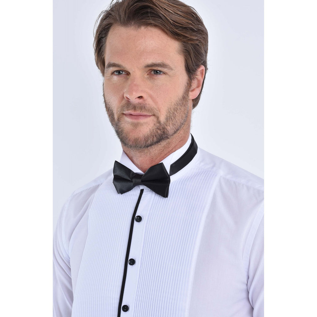 CB 058 Wing Collar Tuxedo Slim Fit Cotton With Free Bow Tie Single Cuff Smart Shirt - White