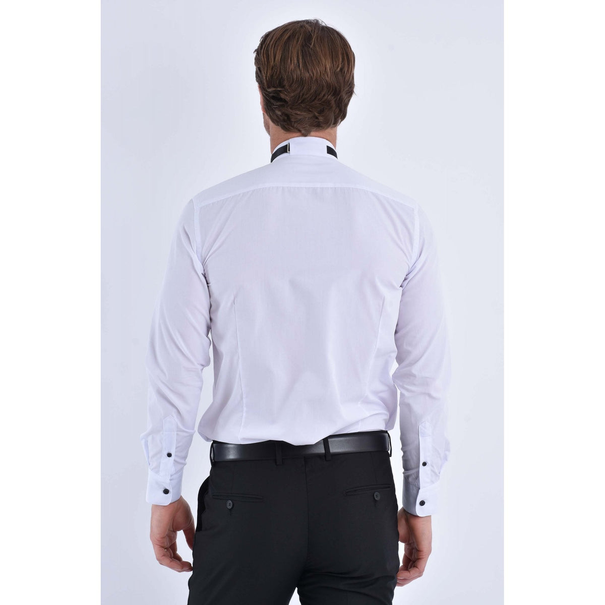 CB 058 Wing Collar Tuxedo Slim Fit Cotton With Free Bow Tie Single Cuff Smart Shirt - White