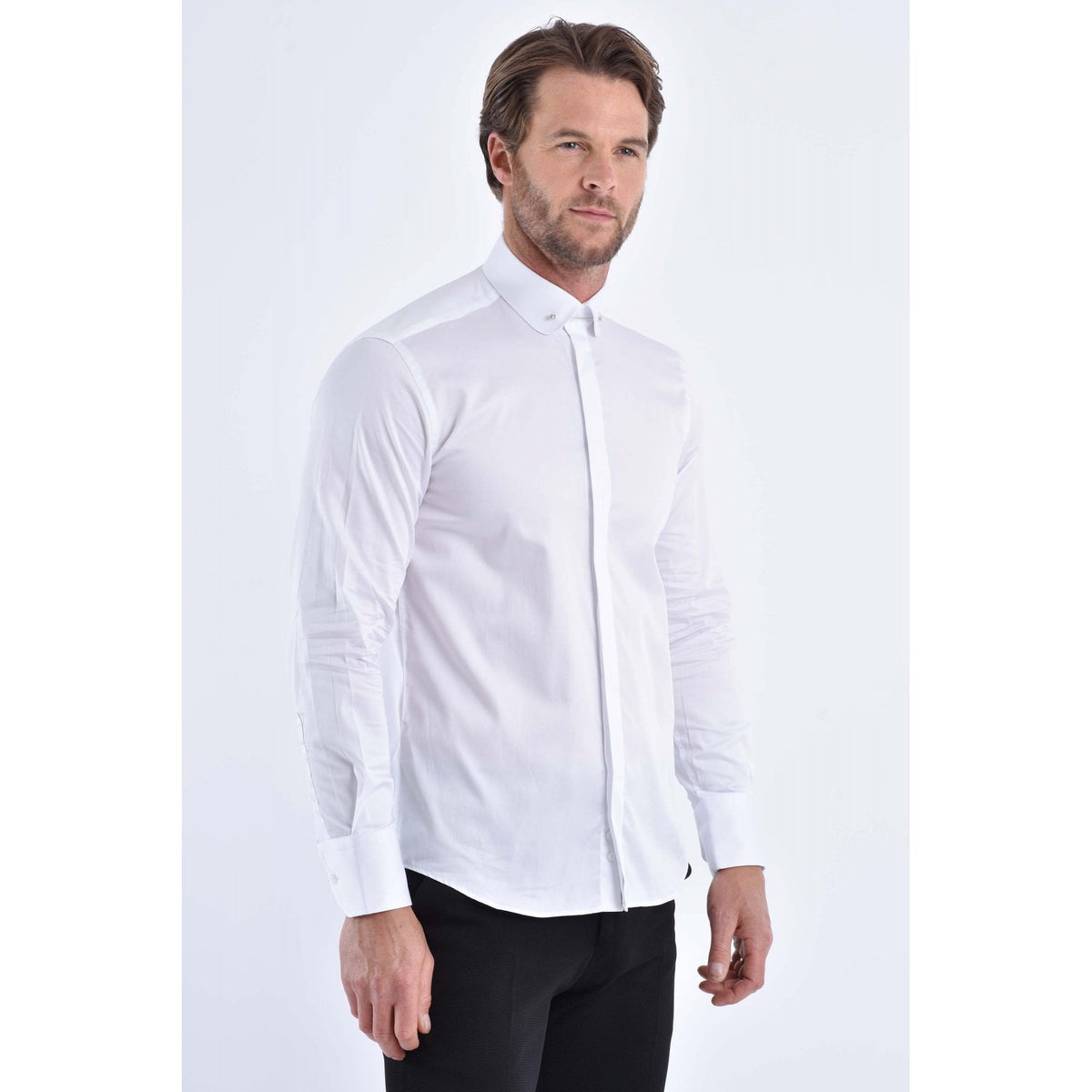CB 037 Pin Collar Plain Slim Fit Single Cuff Cotton Smart Shirt