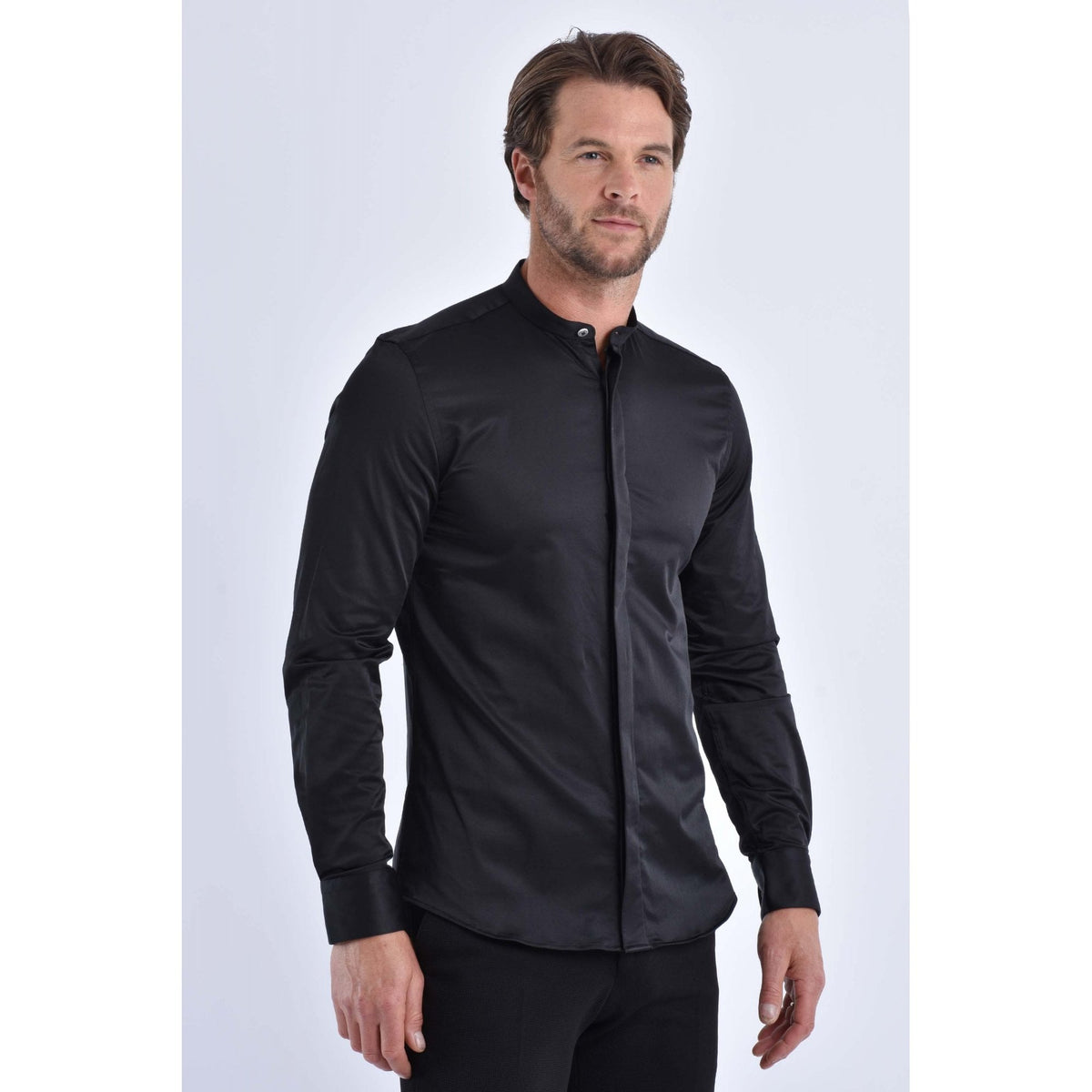CB 067 Grandad Collar Plain Smooth Slim Fit Single Cuff Smart Shirt