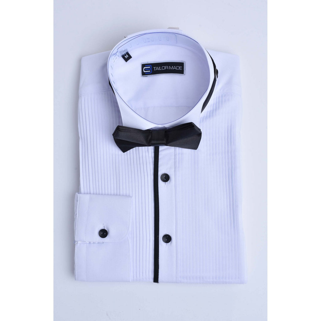 CB 058 Wing Collar Tuxedo Slim Fit Cotton With Free Bow Tie Single Cuff Smart Shirt - White