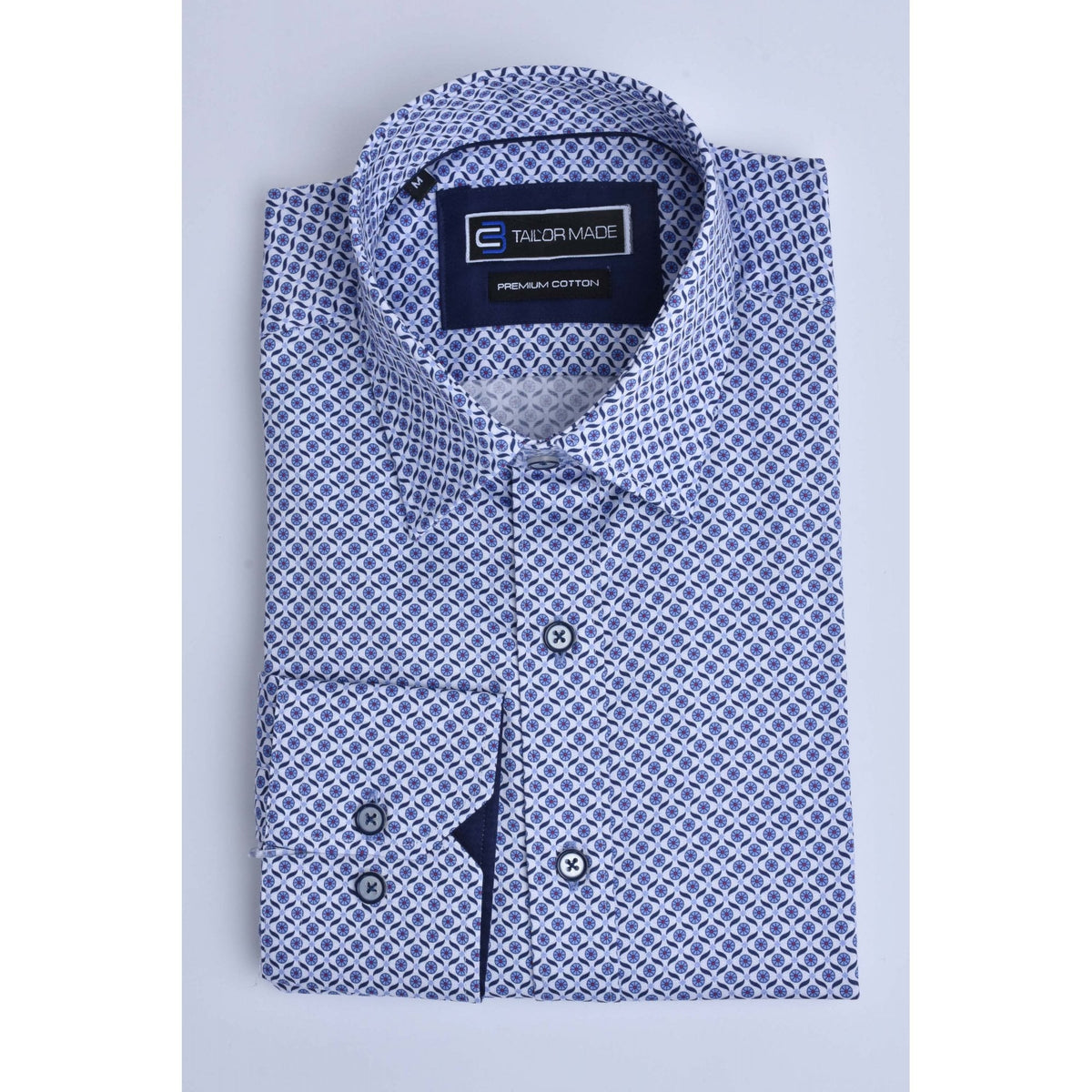 CB 064 Twirl Print Design Slim Fit Cotton Single Cuff Smart Shirt - Blue/White