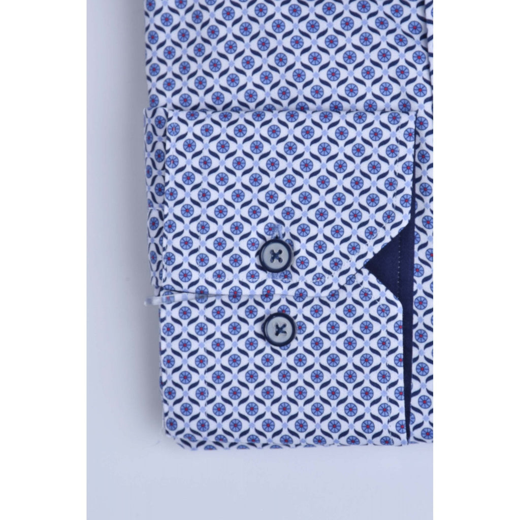 CB 064 Twirl Print Design Slim Fit Cotton Single Cuff Smart Shirt - Blue/White
