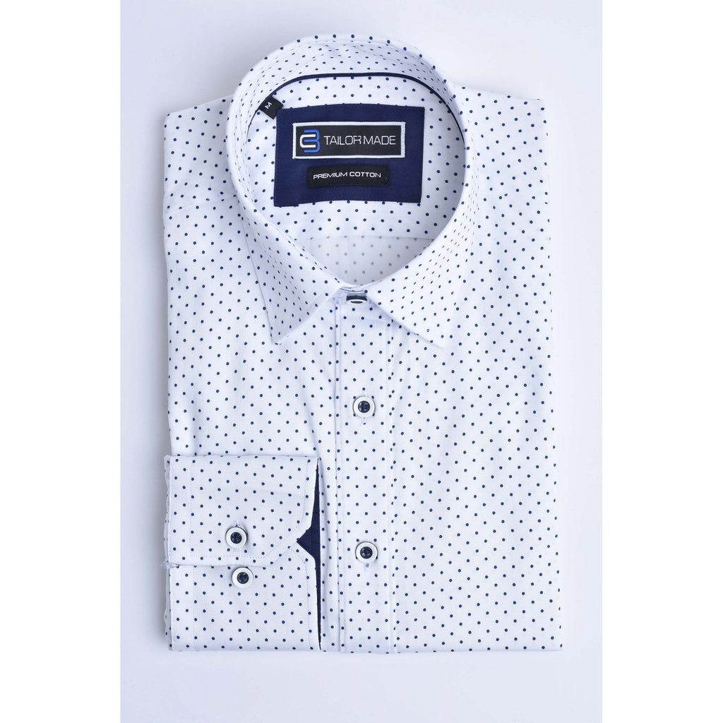 CB 065 Dotted Print Design Slim Fit Cotton Single Cuff Smart Shirt - White