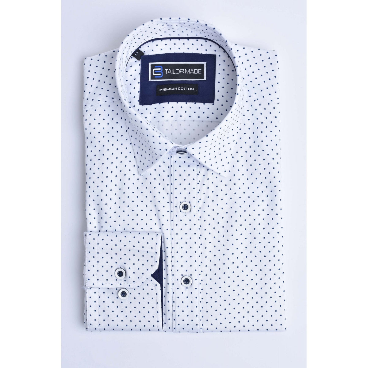 CB 065 Dotted Print Design Slim Fit Cotton Single Cuff Smart Shirt - White