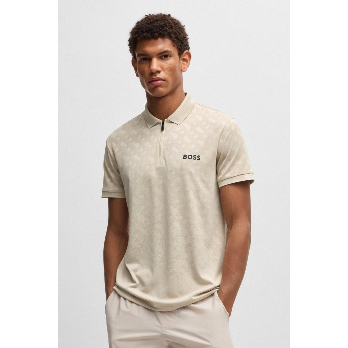 Hugo Boss | Philix 50538106 Monogram Jacquard Detail Quarter Zip Polo T-Shirt - Beige