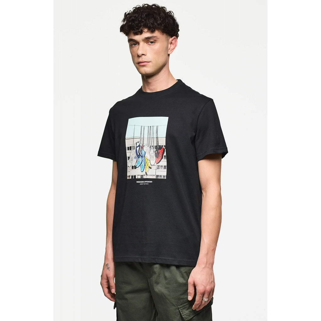 Weekend Offender PT3A22 Battle Lines Hanging Trainers Graphic Print T-Shirt - Black