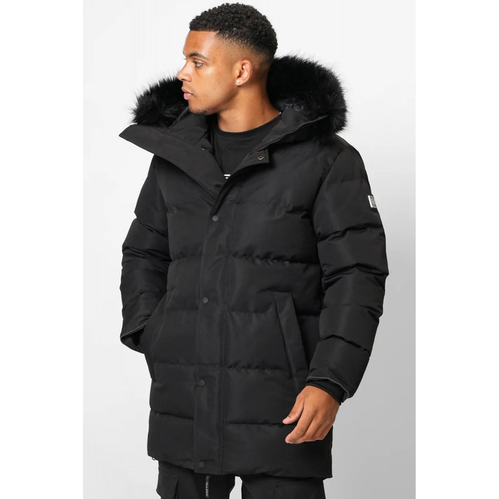 Valere Milano | Medici VM-256 Padded Long Bomber Parka Faux Fur Hood Jacket - Black