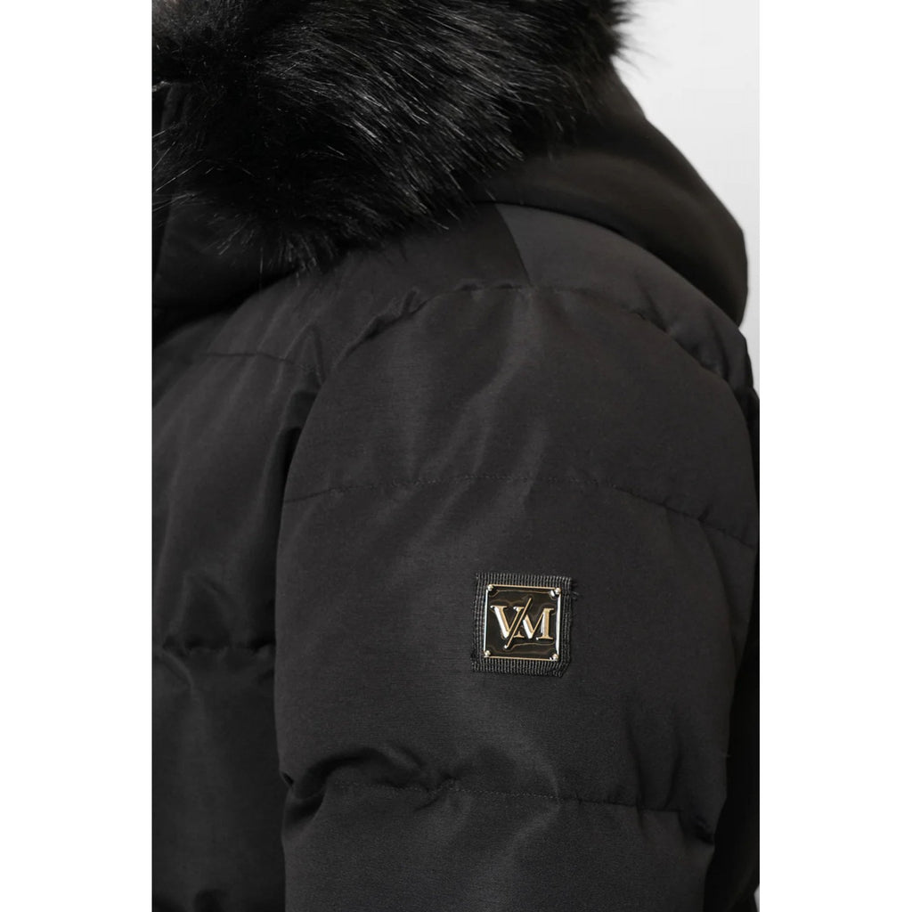 Valere Milano | Medici VM-256 Padded Long Bomber Parka Faux Fur Hood Jacket - Black