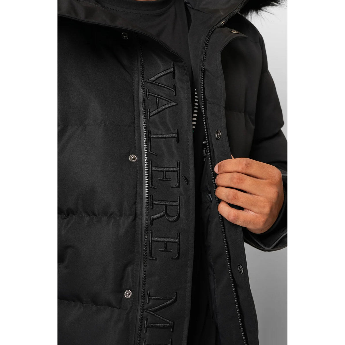 Valere Milano | Medici VM-256 Padded Long Bomber Parka Faux Fur Hood Jacket - Black