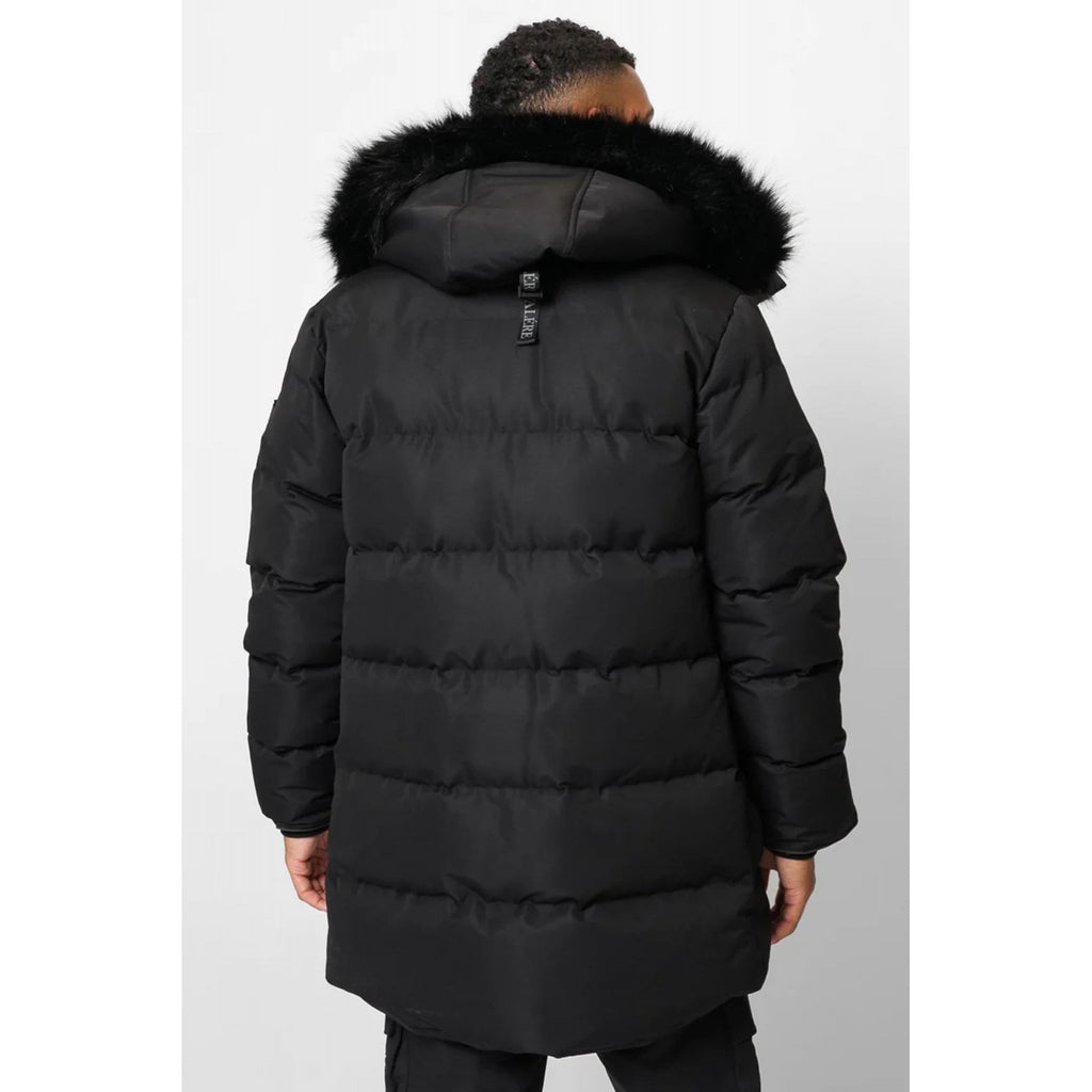 Valere Milano | Medici VM-256 Padded Long Bomber Parka Faux Fur Hood Jacket - Black