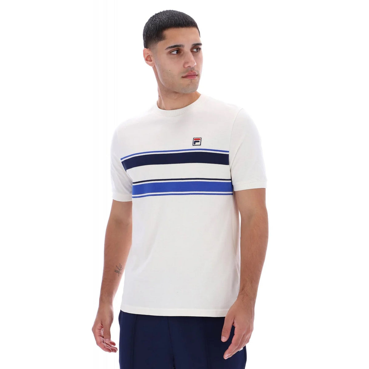Fila Iggy MH029 Yarn Dye Contrast Stripe Half Sleeve T-Shirt - Gardenia/Blue