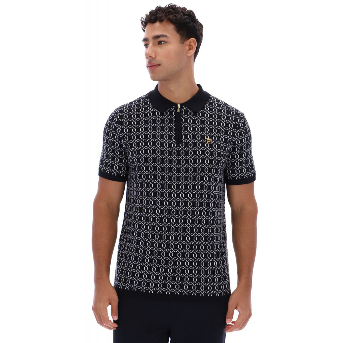 Fila Vintage Jackson MG004 Jacquard Pattern Knit Quarter Zip Polo T-Shirt - Black
