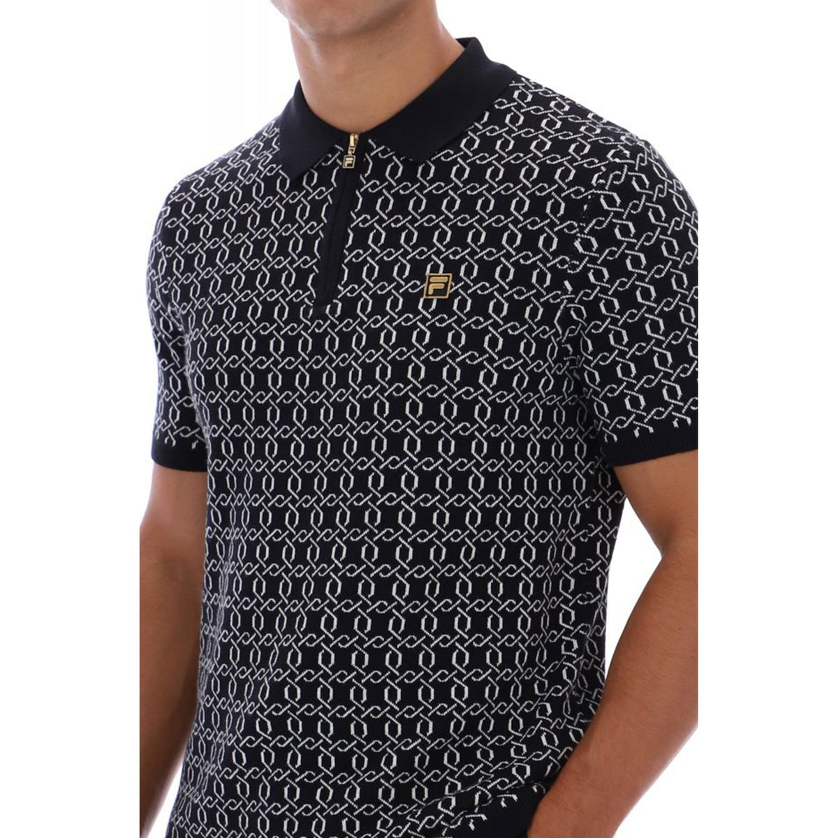 Fila Vintage Jackson MG004 Jacquard Pattern Knit Quarter Zip Polo T-Shirt - Black