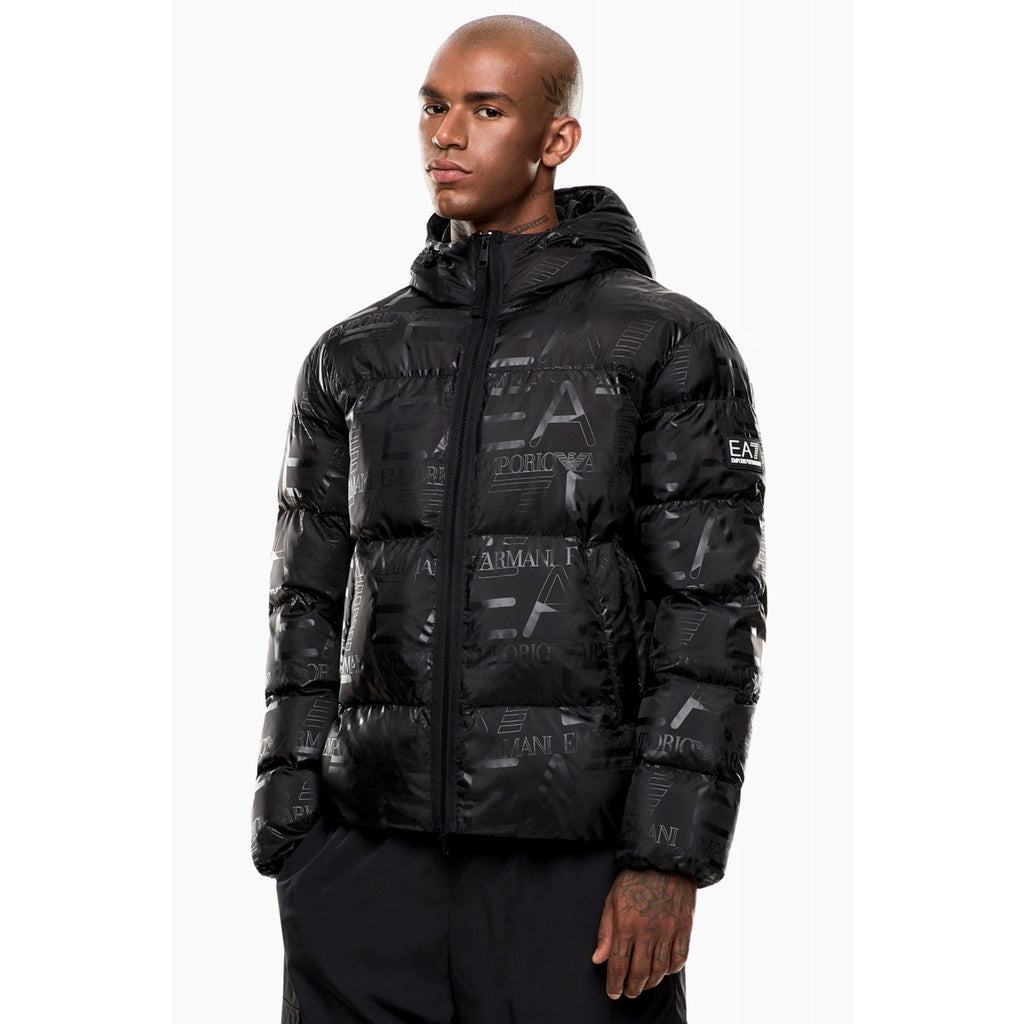 EA7 | Emporio Armani AF15969 0697 Padded Repeat Logo Print Hood Jacket - Black