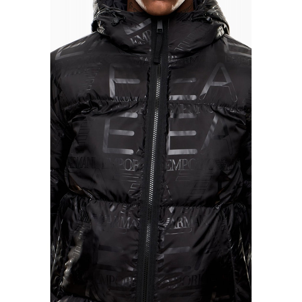 EA7 | Emporio Armani AF15969 0697 Padded Repeat Logo Print Hood Jacket - Black