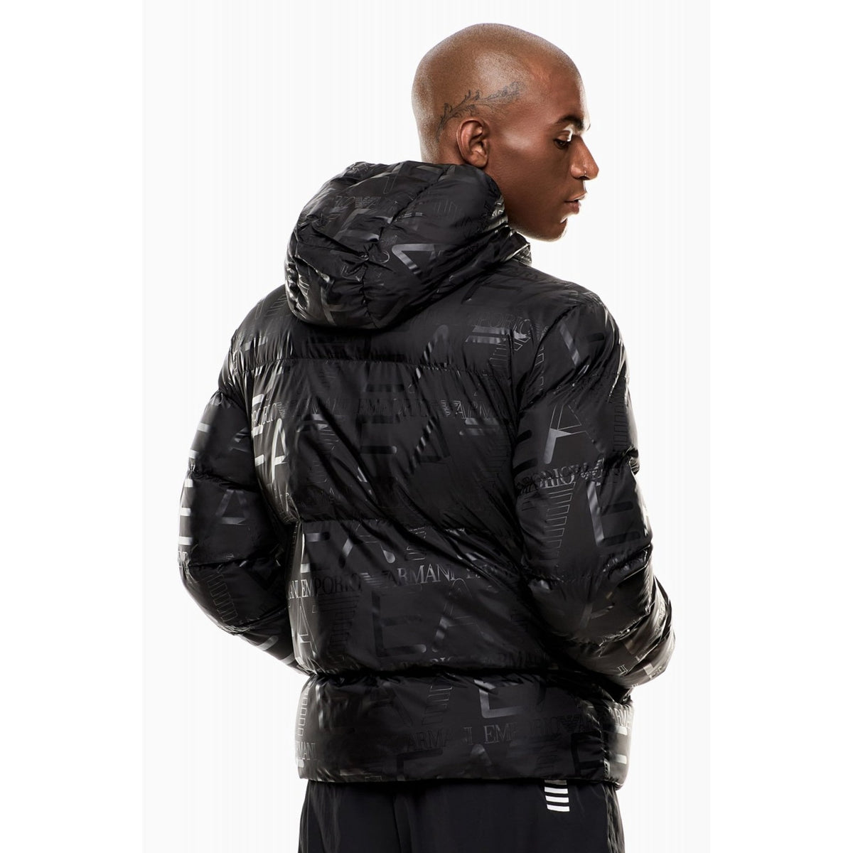 EA7 | Emporio Armani AF15969 0697 Padded Repeat Logo Print Hood Jacket - Black