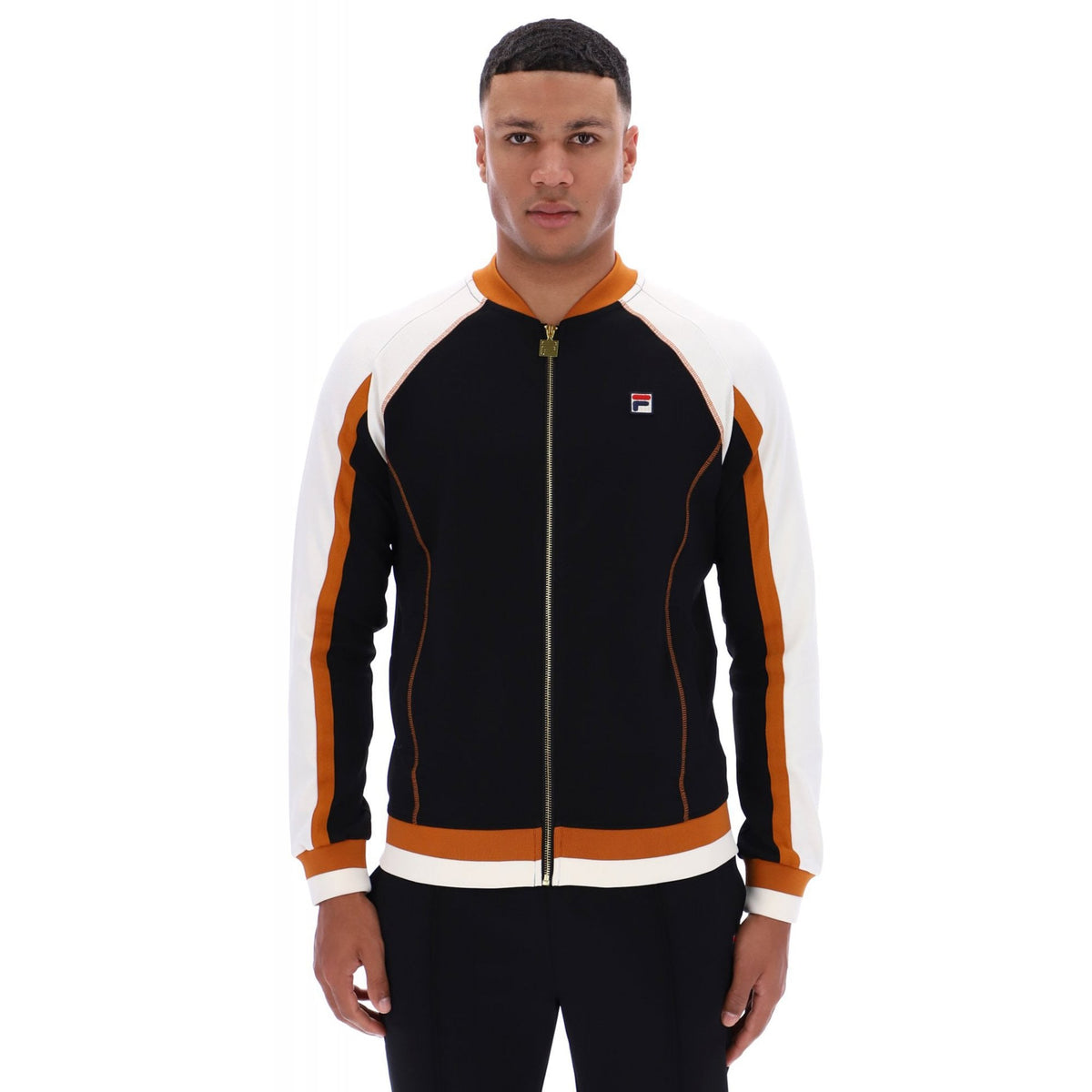 Fila Eliot MH041 Vintage Flat Lock Detail Baseball Track Top - Black/Gardenia/Pumpkin Spice