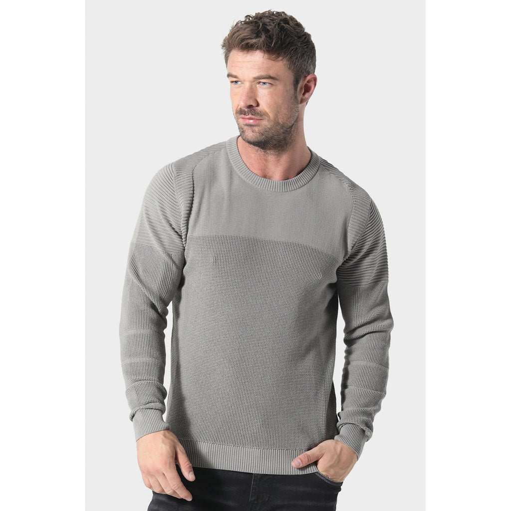 Police Caney 1204 Ribbed Crew Mixed-Texture Knit Panel Detail Cotton Jumper