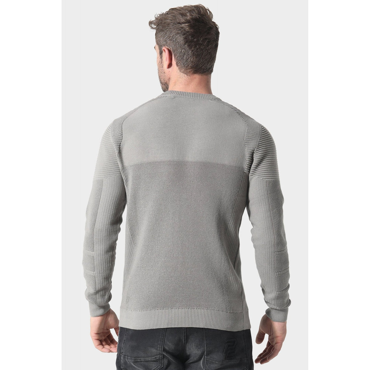 Police Caney 1204 Ribbed Crew Mixed-Texture Knit Panel Detail Cotton Jumper