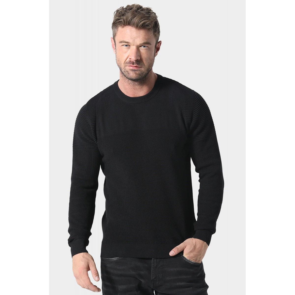 Police Caney 1204 Ribbed Crew Mixed-Texture Knit Panel Detail Cotton Jumper