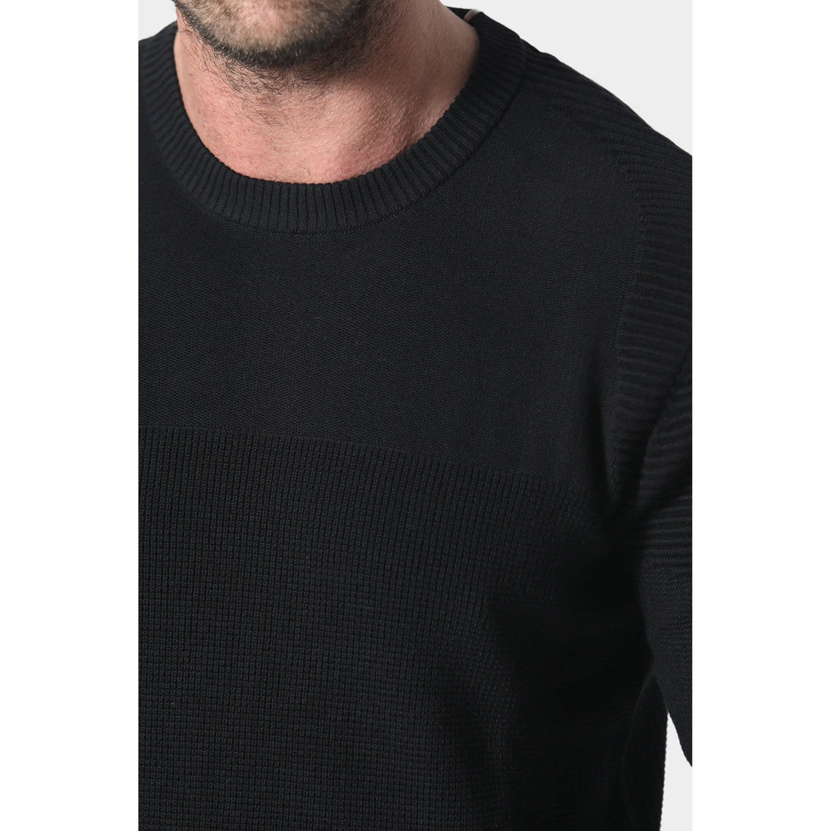 Police Caney 1204 Ribbed Crew Mixed-Texture Knit Panel Detail Cotton Jumper