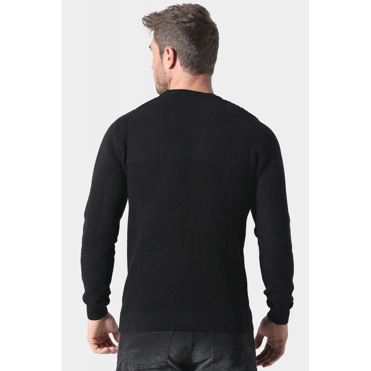 Police Caney 1204 Ribbed Crew Mixed-Texture Knit Panel Detail Cotton Jumper
