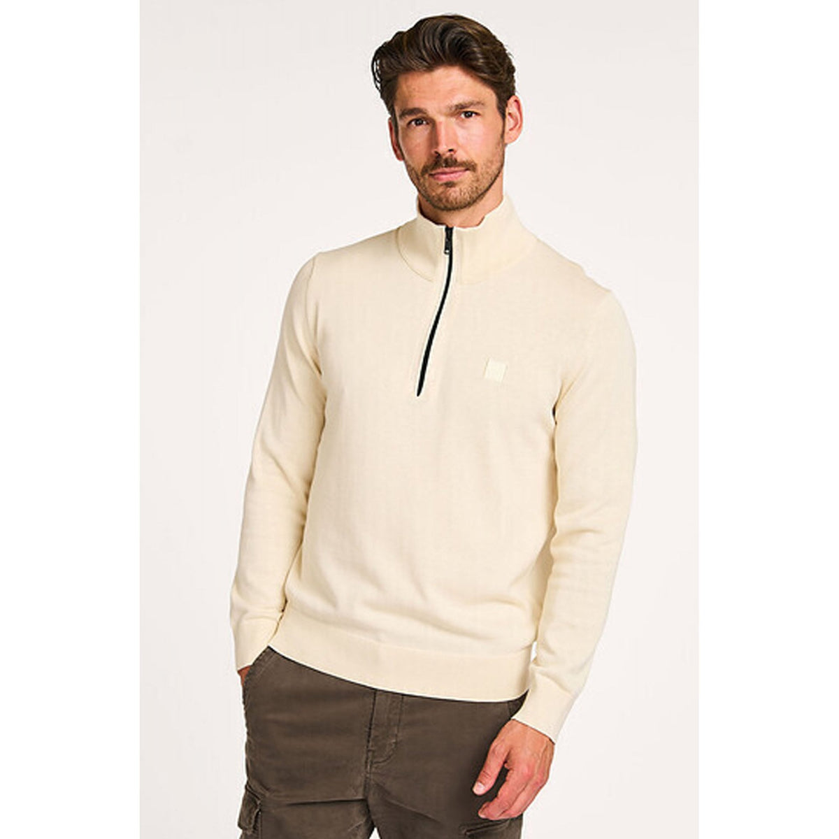 Hugo Boss 50527585 Kanobix_S Patch Logo Half Zip Funnel Neck Jumper - Beige